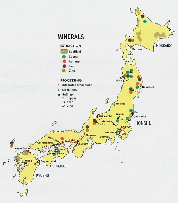  Sự phân bố các loại khoáng sản chính Nhật Bản